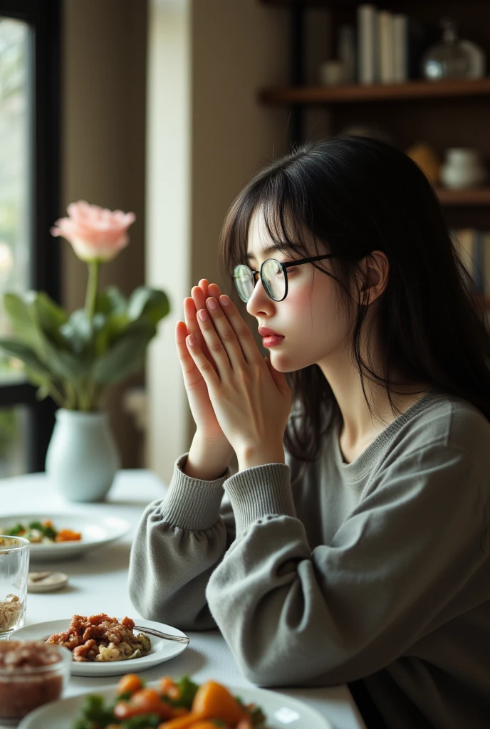 (best quality、masterpiece、high sensitivity、high resolution、detailed depiction、depicting a delicate face、Ｆvalue：6.0),((Slender Woman、wearing glasses)),maid、high socks、Go up to the table during the meal、 of prayers offer prayers to God、