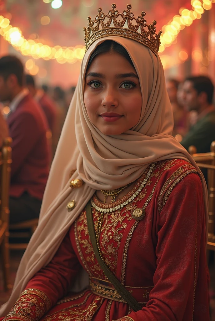 Beautiful, cute baby Face, 16 Years old Pakistani Girl, red lipstick, sensual Lipstick, dark red lipstick,blue eyes, (wearing hijab) and sexy kebaya dress, Rounded big Breast, cleavage cutout, slightly Chubby , luxury necklace, White Skin, Smiling, Dark City Background, mid shot, upper body, Perfect Potrait, Bokeh Effect, Look at Viewer, Armpit, Perfect Eye, Perfect Hand, Perfect Finger, Bracelet, Ring, big breast with bra, ((adorable:1.2)), ((masterpiece:1.1)), ((bokeh:1.2)),