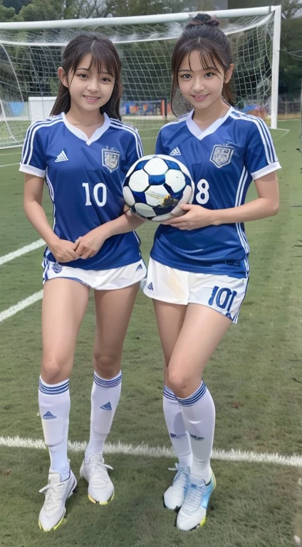 2 girls playing soccer, beautiful eyes, blue eyes, perfect faces, 22 years old both, with pink uniform