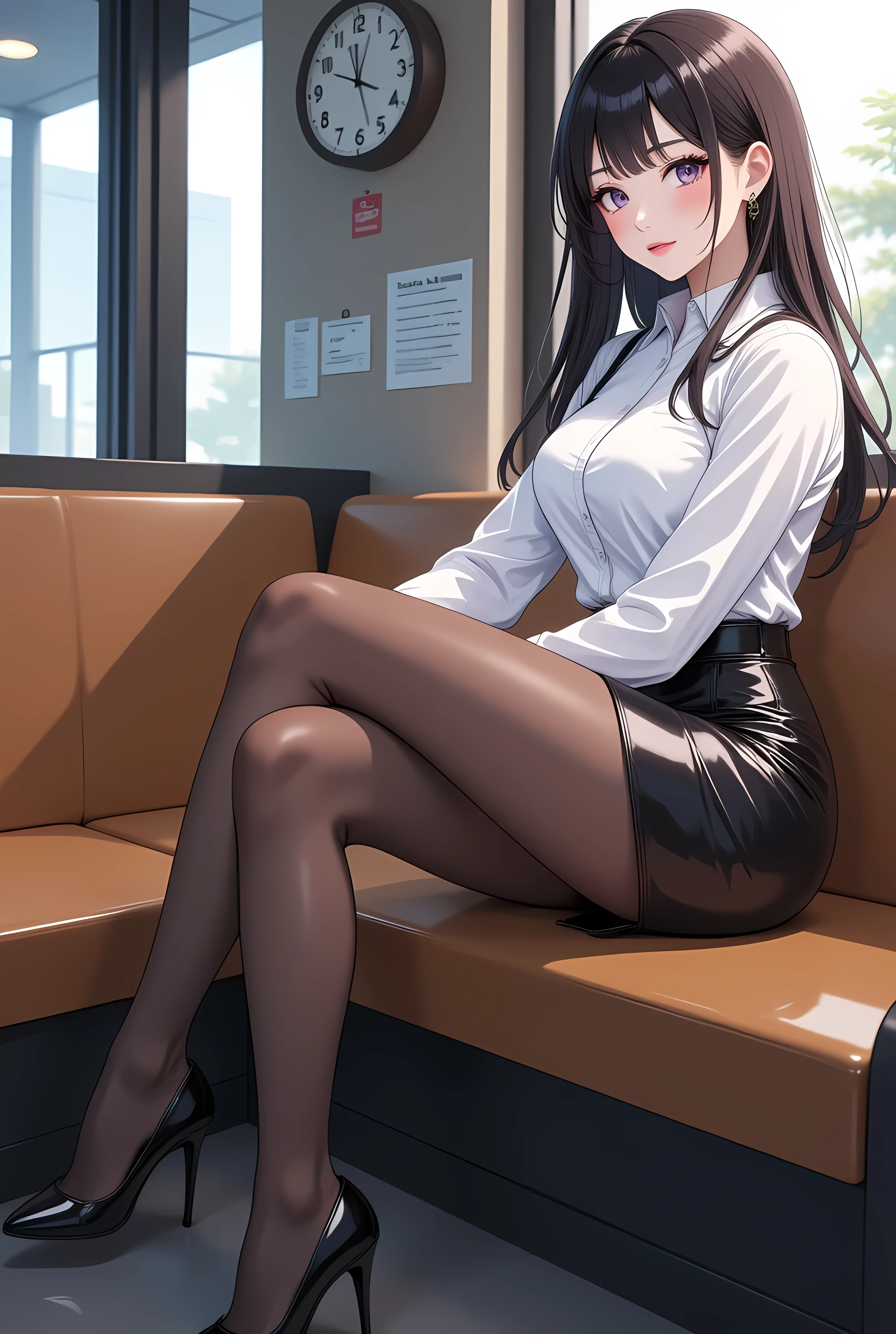 dynamic angle, absurdres,original,extremely delicate and beautiful,beautiful detailed eyes and face,1girl, black_hair, looking_at_viewer, solo,(masterpiece:1.4),(best quality:1.4),black leather boots, sitting, <lora:knbotzv2:0.5>