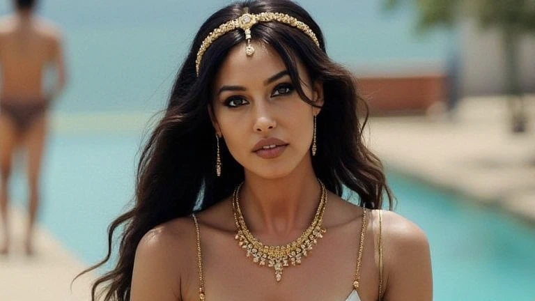 a stunning portrait of Cleopatra, with a regal expression and captivating gaze, adorned in an exquisite golden headdress and intricate jewelry, dressed in elegant flowing robes. Her eyes are beautifully detailed, with long stunning eyelashes that enhance her mesmerizing presence. The scene is set in a lush garden, with vibrant flowers and lush greenery surrounding her. The artwork is of the highest quality, with ultra-detailed brushwork and a realistic, photorealistic style. The colors are rich and vivid, with warm tones that accentuate Cleopatra's beauty. The lighting is expertly crafted, with soft, diffused light casting a gentle glow on her face, creating a sense of depth and dimension. The overall atmosphere is one of mystique and allure, capturing Cleopatra's legendary charm and captivating the viewer's imagination.