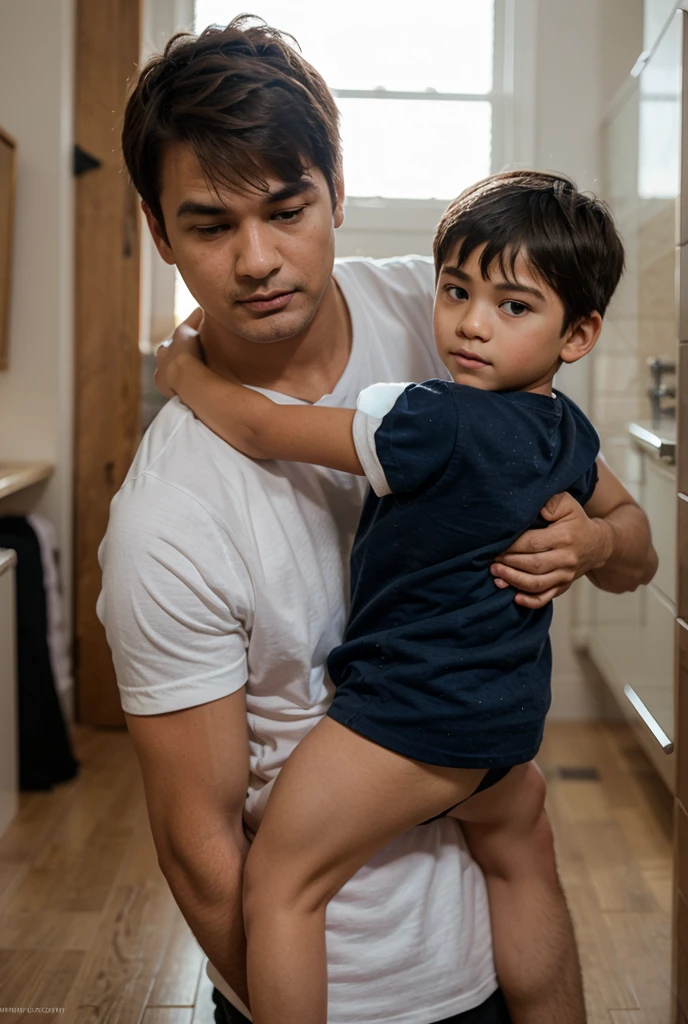 Two Japanese boys、Biologically correct body、12 years old、Well-developed muscles and smooth skin、Very short hair、A big smile with a wide open mouth、Short limbs、flashy boxer shorts、in narrow bathroom、Short in stature and short limbs、Place your hands around your waist、