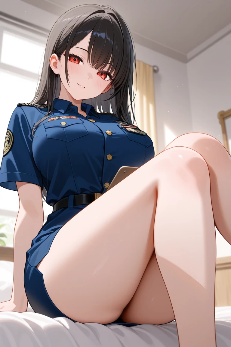 (((1girl))),masterpiece,best quality,best quality, ultra quality, high quality, beautiful detailed glow,film Reflection, ((from front,front face)),on the bed,Detailed beautiful eyes,looking at viewer,makeup,((smile,joy,chuckle)),(open legs:1.1),((sitting,spread legs,m legs,arms behind back)),(((thin thong,thighhighs))),Long Sleeves,Stewardess uniform,flight attendant,high heels,perfect nipple, extremely detailed nipple, round areola,(public hair:1.7),(((Pubic hair shows through))),