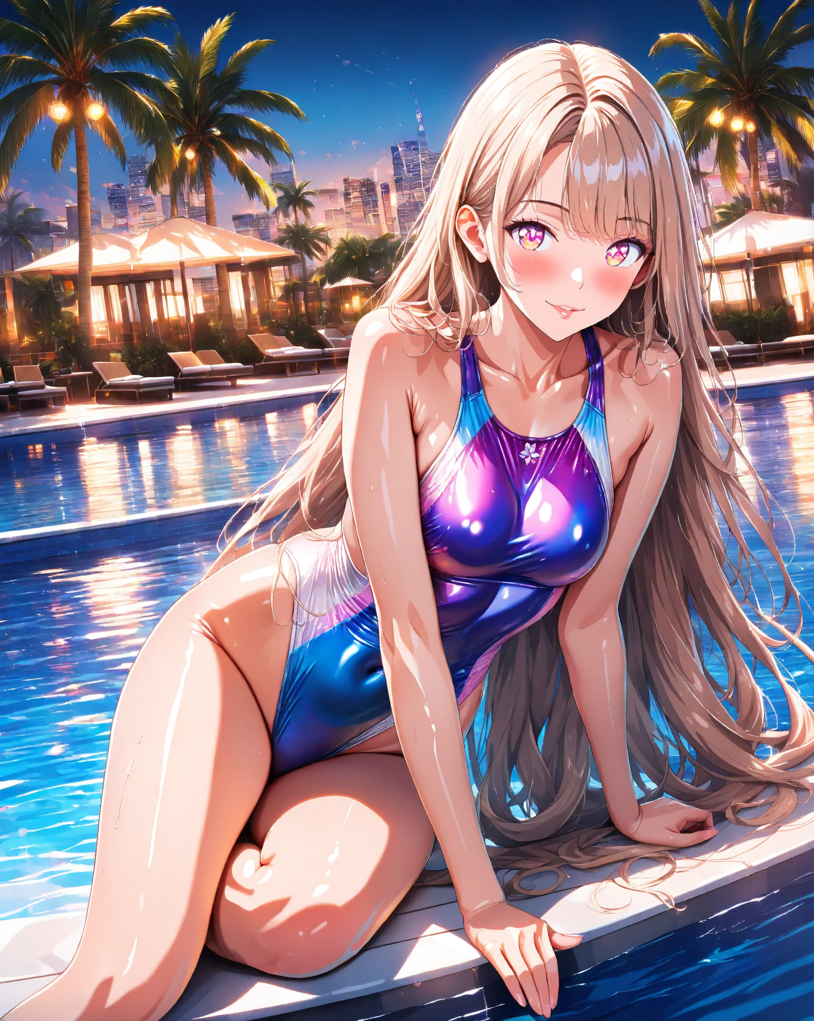 (Masterpiece:2)、(((Very nice and beautiful)))、(((Ultra-high resolution)))、(Ultra-high power of 8 kilometers:2)、(Wet Girl:1.4)、(Clarity Metallic Pink Brazilian Bikini:2)、(Medium large breasts)、(Clear Skin:1.6)、(Long ponytail:1.8)、(Beautiful Eyes:1.8)、、(Nominal Body Type)、(glamorous:1.4)、(muscle:1.4)、(Thin thighs:1.6）、(Thin legs:1.6)、(Laughter)、Perfect Proportions，Correct Anatomy、Excellent anatomy、(Correctly drawn limbs:1.6)、(Pose to sit by the pool at night:1.4)、Dynamic Angle、 (Luminism),
