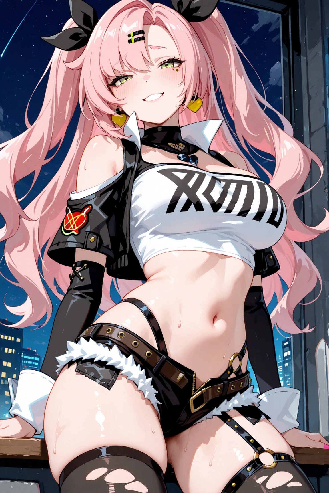 SIGMCX, tattoo, blush, lipstick, long hair, crazy eyes ,Hot girl, baddie, staring, glaring, bad attitude, mean girl, dare, angry, hate, crazy, smoking, sensual, attractive, outdoors, rooftop, cityscape, building, railing, night, night sky, scenery, city lights, fur trim, mature female, gloves, fur-trimmed coat ,masterpiece, best quality, highly detailed, a girls with a gun, evil smile , open mouth, sexy gaze, badass
pose , evil smile, smile, guns blazing, anime girl with long hair, beautiful long
haired girl, navel, evil expression, exposed belly, exposed navel, exposed midriff, exposed lower belly,
long black pants, crop top, cleavage, unbuttoned leather pants ,open fly, low rise black leather pants,
leather jacket, holding a gun, 
