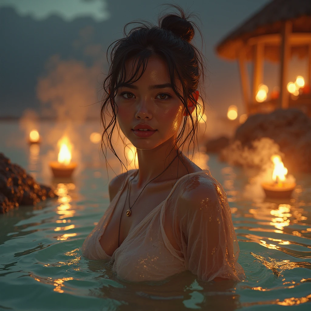 breathtaking photograpy, cinematic midnight flower hot bath of beautiful voluptuous indonesian 1girl, sharp focus on her, view from front, she is naked underwater, rose petals, dark reflective water, illuminating by candles, dark ambience, misty atmosphere, outdoor pond with moonlight, high resolution, highly detailed, best quality, masterpiece, award winning