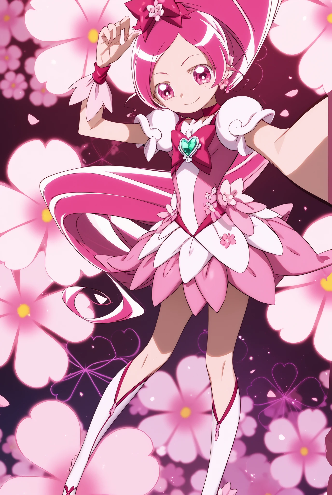 Heart Catch Pretty Cure、cure blossom、Cherry blossom dancing background 、 Slim、Small breasts、Shiny on the skin、smile、cute pose、side angle、