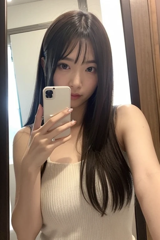 A beautiful Asian woman taking a selfie with her smartphone in front of a mirror.