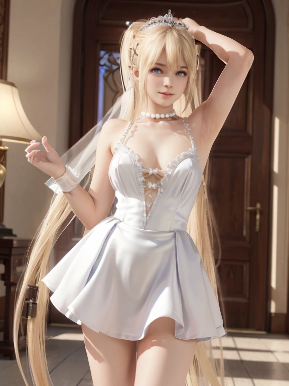 Best quality at best,超高分辨率,(真实感:1.4),(beuaty girl:1.4),Detailed facial details,Beautiful detailed eyes,Light yellow hair,coiffed blonde hair,light blue eyes,Slim,Wearing a white and blue wedding dress,White wedding headscarf,haunting smile,Behind it is a cluster of white roses,chapel windows,Very meticulous clothes,Young and cute Korean face,with a round face,heart - shaped face,barbara(Genshin Impact),plain face,Real hands,anatomy correct,Qi bangs,Thick bangs,M bangs