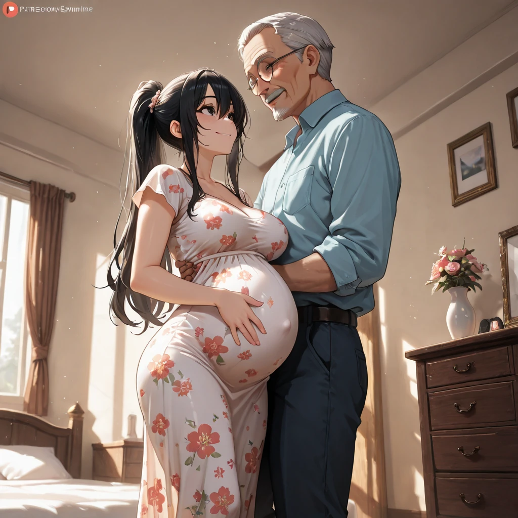 pregnant princess, elderly man, gray-haired man, hug a girl, blush, embarrassed expression, close contact, dandy, girl kissing a man