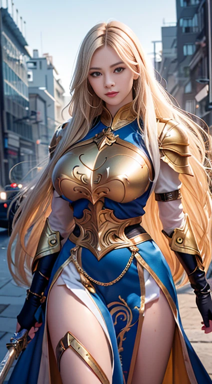 (8k, raw photo, Best Quality, maestro:1.2), (realist, fotorrealista:1.37), ultra detailed, 1 girl, beautiful, alone, Beautiful detailed blue sky with fluffy clouds, (blush), (whole body: 1.1), (smile: 1.1), (shut up), big breasts, beautiful and delicate blue eyes, (Blue fitted armor with intricate engravings of leaves and flowers : 1.1), Golden metal pieces covering her shoulders and arms, Dark brown leather belt with metal buckles, tight leather pants, Brown leather boots, A cross adorns his chest, (long blonde hair: 1.2), flowing hair, high contrast, Proporciones de whole body, (astride, stretch the legs, thin legs), Chest closeup.