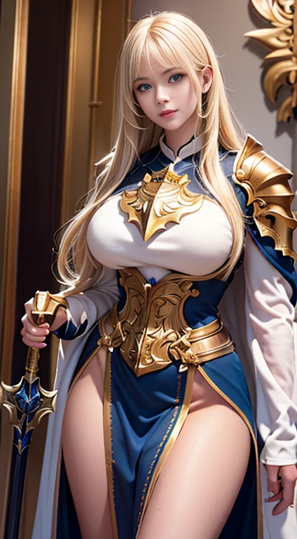 (8K, Raw photography, top-quality, masterpiece:1.2), One elf Woman、girl at the age of 18,fullllbody.{scinematic angle、Wide Angle、Don't split the screen、}(Realistic Skins 1.4)、(valkyrie、Valkyria)、(((Western knights、Plate armor covering the whole body、Metal armor、nffsw)))、(royal blue above knee skirt with golden trim) 、(((Sky with light、Asgard))、50mm Lens、30mm film、wide angles、(long、)、(A waist long straight blonde-haired)、blue eyes、shinny skin、beautiful detailed hair、cheerful smile, Beautiful delicate face、Beautiful delicate eyes、{huge chest、perfect tits, muscular body、}、(standing:1), bare shoulder, tight-high white stocking with golden-trim, (white:1) above elbow armhose and glove, (chubby:1.2), (huge breasts:1.2),