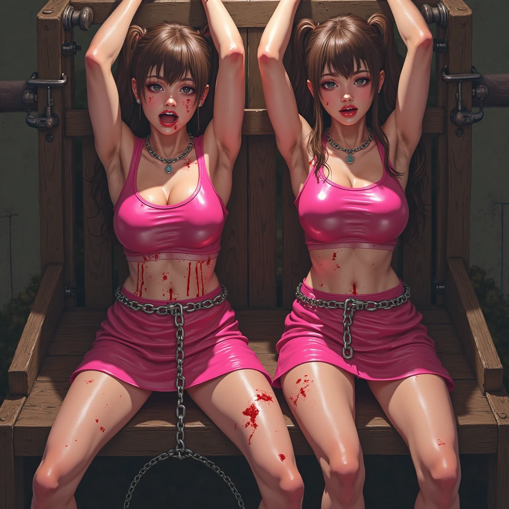 1Elf slave girl with redhair standing in front of wall, chained to wall, hands attached to wall, arms raised, girl standing, naked, big breast, puffynipples, girl chained in dungeon, dark and dirty dungeon, embarrassed and crying face, mouth open, eyes closed, tears, stone walls, chains, shackles, dark and humid environment, shackles on wrists and ankles, spread legs, wet pussy