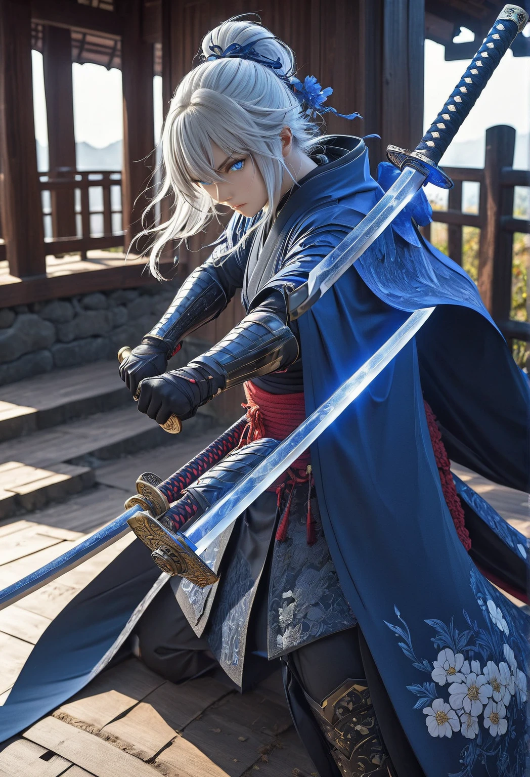 an anime character with a sword in his hand, concept art by baiōken eishun, cg society, rayonism, official art, toonami, dynamic pose, a professional movie photograph of, best quality, high quality, highres, highly detailed, cinematic lighting