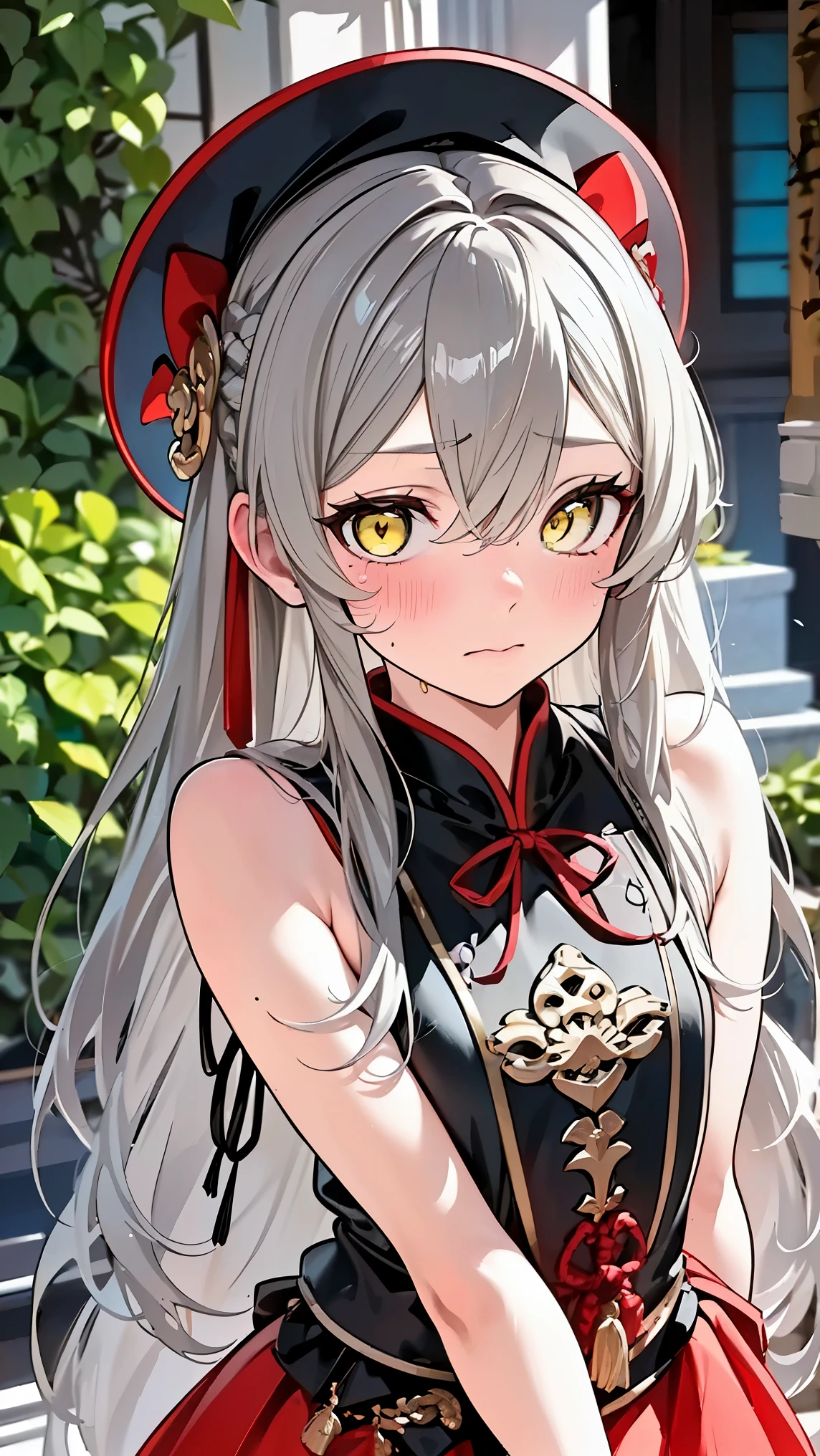 8K (high definition) (Super Detail) (masterpiece) (Highest Quality) detailed eyes detailed face detailed hands Delicate hair detailed wrinkles on clothes very elaborate body with raised palm fine skin (solo) early yellow eyes (Grey Hair) long hair Knot bungs head holding a cannon ( small ) flushed cheeks embarrassed expression (witch costume) red skirt entangled in vines Fong Tien Ji composition from an oblique bottom shrine climbs the ladder see here
