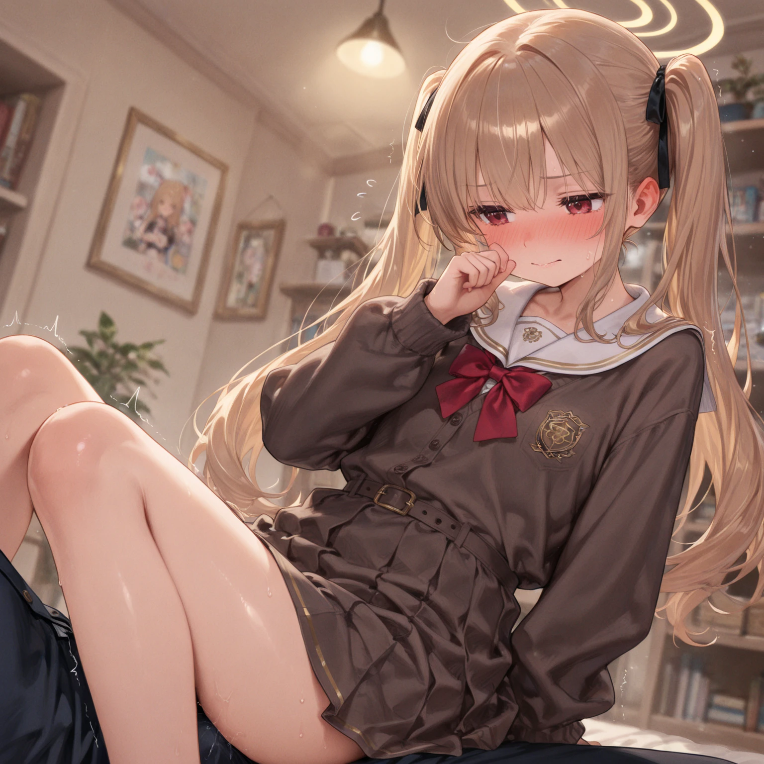 Masterpiece、high resolution、female、Brown shorthair、pajamas、((Peeing))、(((Pee)))、Embarrassing、Trouble、cry、Hold the crotch、手でHold the crotch、Spread your legs、汗、汗をかく、湿った脇