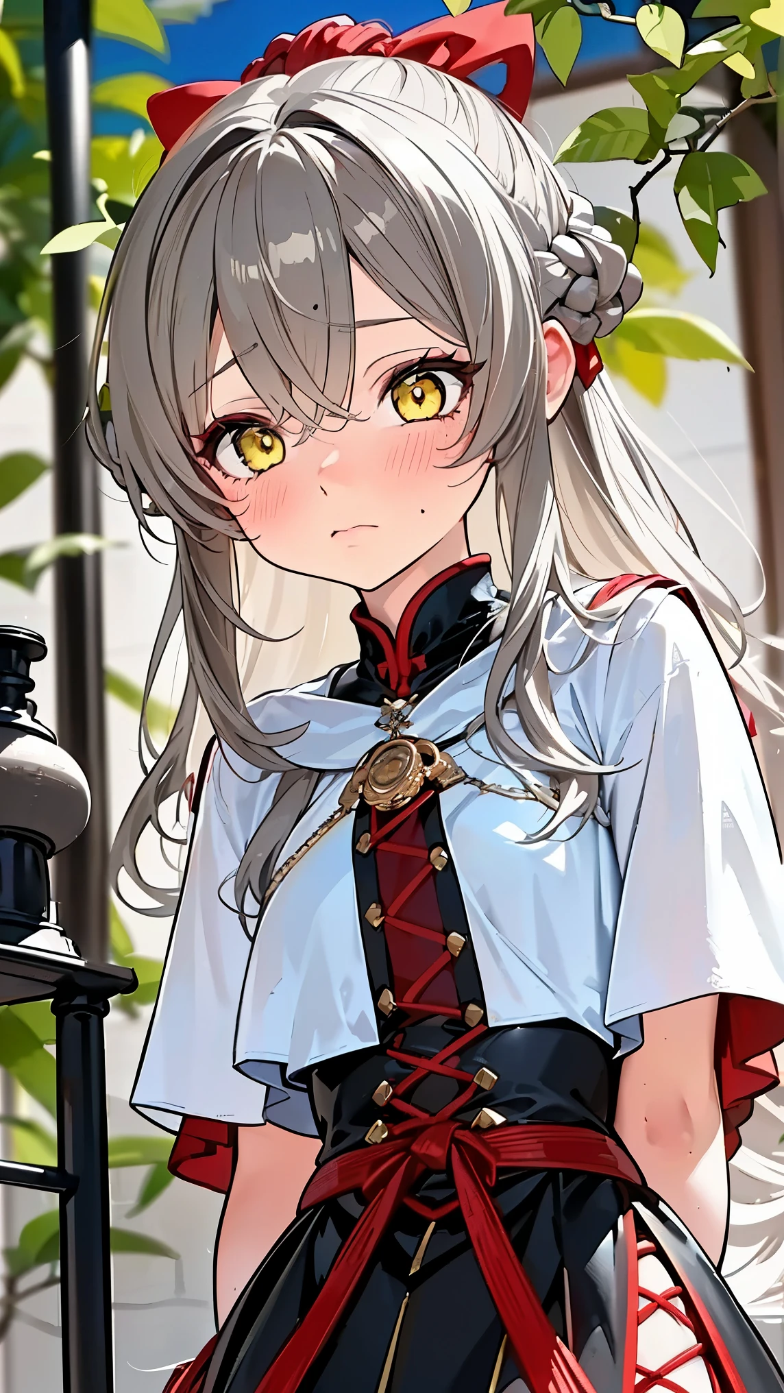 8K (high definition) (Super Detail) (masterpiece) (Highest Quality) detailed eyes detailed face detailed hands Delicate hair detailed wrinkles on clothes very elaborate body with raised palm fine skin (solo) early yellow eyes (Grey Hair) long hair Knot bungs head holding a cannon ( small ) flushed cheeks embarrassed expression (witch costume) red skirt entangled in vines Fong Tien Ji composition from an oblique bottom shrine climbs the ladder see here