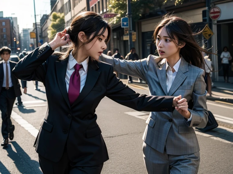Scenery of a woman punching her in the face in a custom-made suit