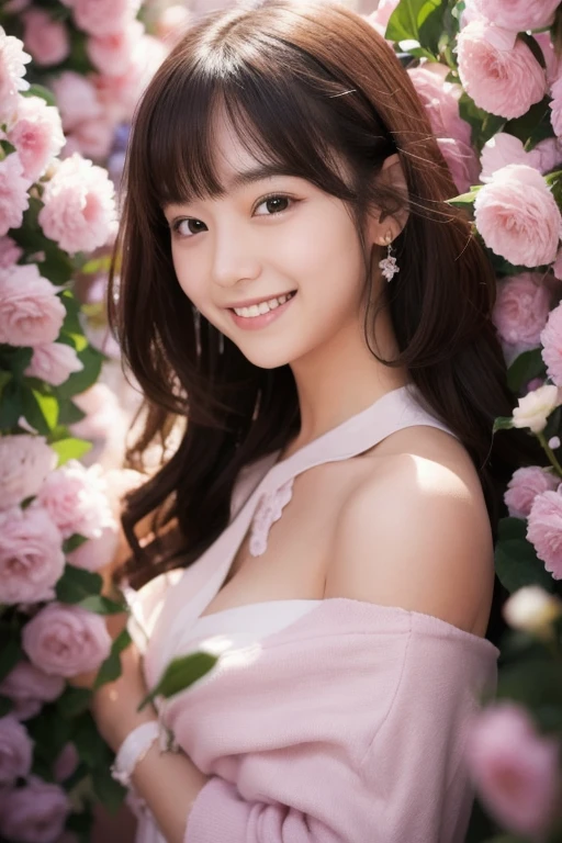 young japanese girl, , Medium long wavy ponytail, smiling girl,Crystal Ideam close-up, pink costume, V-chest,big breasts,flower field background,(highest quality:1.7), high fidelity , high reality , Ultra high precision , Photoreal , global illumination,
