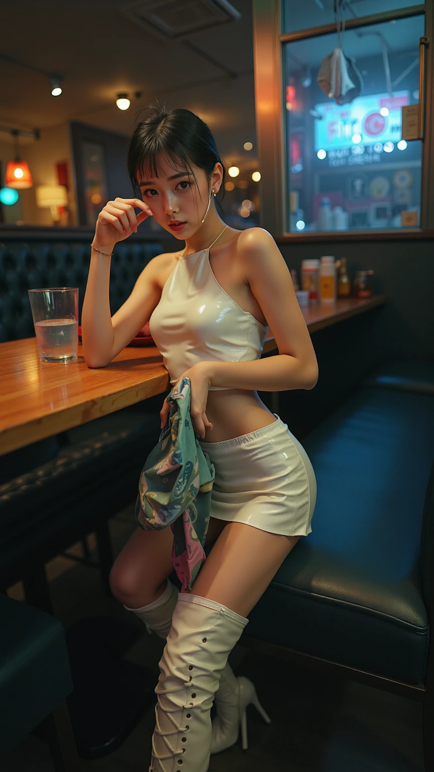 (blue hair:1.4), short hair, realistic green eyes, cobalt hair, long bob hair, tousled hair, shoulder length hair, Full body, woman with white skin and Asian features, 24 year old, big breast. She has a small, elegant nose with a slight upward curve at the tip. Her lips are full and naturally pink, with a well-defined Cupid's bow. Her teeth are straight and white, enhancing her captivating smile. Her face has an oval shape with high cheekbones that add to her model-like appearance. highly detailed glowing eyes, specular light, extreme quality, crystal clear, cute face, detailed skin pores, oil Dark skin, brown, complex eye details, 8K, ((full body) RAW Photography)1.3 busty, solo, (from below)1, (standing pose),(Dr Martens boots)1.3, (black tights)1.3, (opulent cropped-top) (tight mini skirt)1.2, (white wool socks)1.3, (wide hips), (curvy)1.2, (thick thighuscular legs))1.3, (nightclub neon light holograms), intricate detail, (environmental portrait), (detailed face and eyes)1.5, looking at viewer, (sharp focus)1.3, ((full body) Photography), (short hair:1.2), (short hair:1.3), (short hair:1)