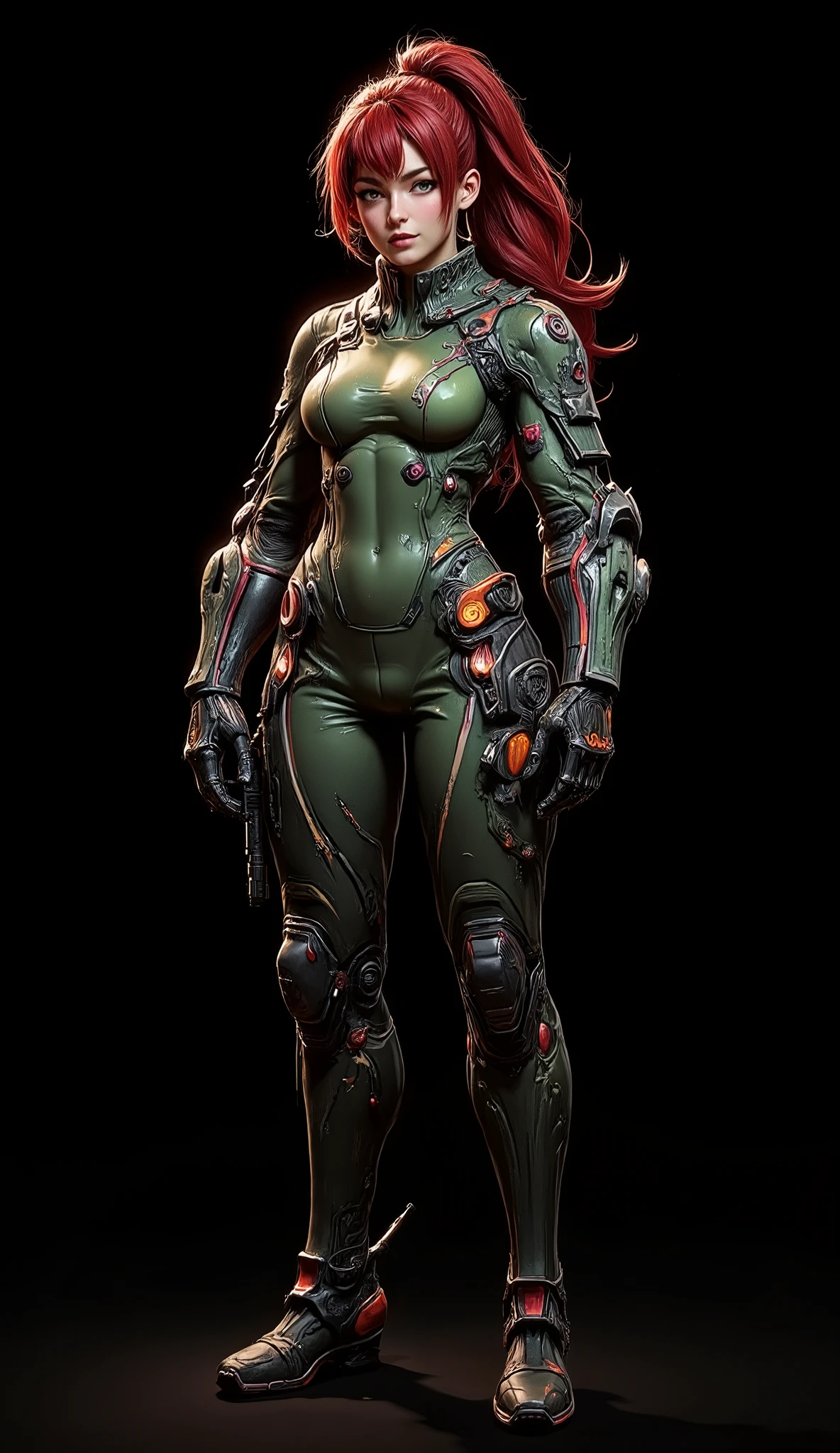 Full image of a 20 year old woman, high quality, 4k, she is a futuristic warrior, very pretty, redhead with abundant hair and a ponytail that reaches her waist, her wavy hair falls over her small breasts. Tiny chest, very small chest, bangs, very detailed layered hair. Very detailed green eyes, sensual half-open thick lips, long eyelashes. Perfect face. On her head she wears headphones with a built-in microphone. Very futuristic detailed green camo headphones. Very tight jungle camo green jumpsuite, jumpsuite very tight to her body, torso protected with advanced armored mech armor, shoulders with mechanical protectors with the emblem of her assault unit. Shoulder protectors and mech armor in jungle green camo color. Abdomen shown, legs shown. Notches and scratches, bumps and dirt on mech torso. Shapely legs. Tactical protectors on his thighs, black tactical mechanical boots with advanced hydraulic system. Combat pose. Defiant pose. He holds an advanced Sig Sauer Glock 17 pistol with a laser sight and silencer. He looks at the camera with a determined and angry expression. The image background is pure black, ideal for wallpaper.