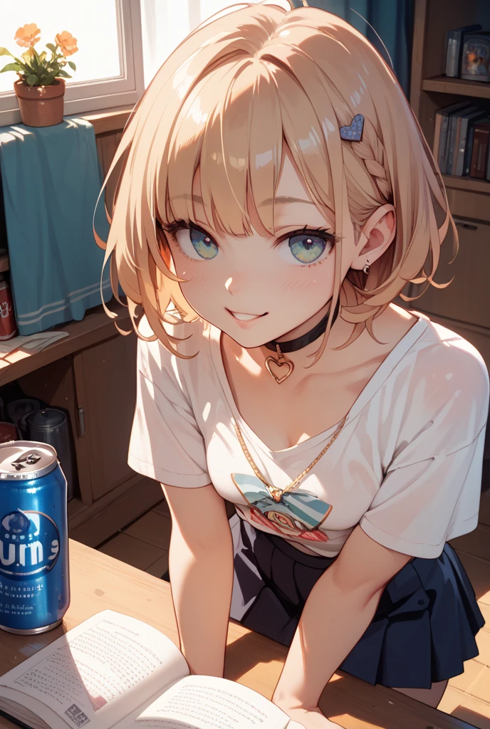 ((NSFW:1.2)),(masterpiece:1.2, highest quality), (Realistic, photoRealistic:1.4),((POV:1.2)),((POV Hand:1.2)), Beautiful illustrations, (Natural Side Lighting, Cinema Lighting),Looking at the audience, Face Focus, 1 female,(solo),Perfect Face, Perfect body, Symmetrical cute face, Shiny skin, Baby Face, Big Breasts:1.4, Cleavage,Purple Eyes, Captivating thighs:1.2,thin,((Leaning forward)),Beautiful Hair, Beautiful Face, thin and beautiful eyes, Beautiful clavicle, Beautiful body, ((Pointy and beautiful)),Beautiful thick thighs, Beautiful legs, Beautiful fingers, 、Unbuttoned white short-sleeved shirt,Orange short pleated skirt,(Peering into the viewer with a blushing smile),At the coffee shop,Sit on a chair,Low - Angle、Blonde Hair、Gold Necklace