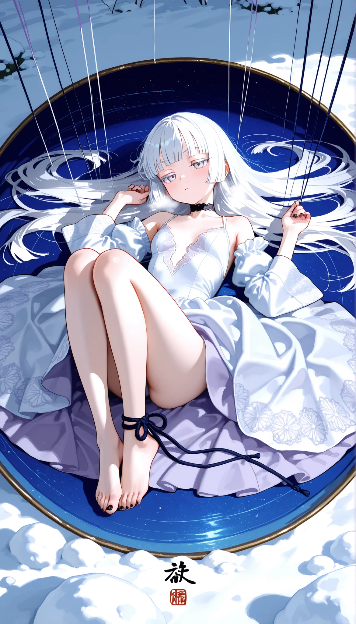 Best Quality, One Girl, Warm Lighting, Silver Hair on the Top of the Head and Pink at the Tips, Cute, Anime, Sheer White Skin, Asian Girl, Full Body, Sensual, Gentle Eyes, Cat Ears, Animation, Fantasy, Seductive, Shy Face, , Frightened, White Dress, Collar, Tail, Wizard, Fantastic, Portrait, See-Through