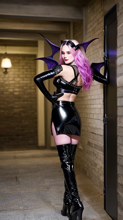 Hyper realistic photo Realism CG 8K succubus girl, think curved eyebrows, long luscious eyelashes, black eyeliner, black eye shadow, small little nose, curved lips, perfect face, choker collar, slinder body, large voluptuous breast, slim waist, curved hips, sweaty skin, neon Pink Sapphire eyes, long succubus tail, long succubus wings lower back, short leather underwear. (Butt crack showing:1.0), in a room