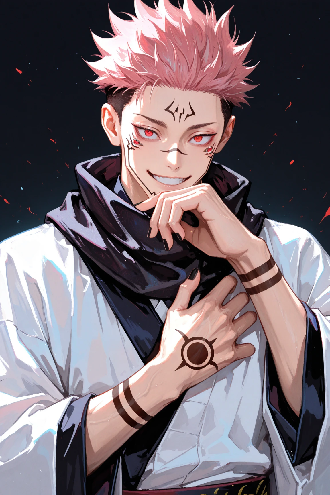 a young man in the story series "Jujutsu kaisen" named "itadori yuji" with a tattooed face, brown eyes, bright red hair, is using the demon domain technique (SUKUNA), and a white kimono shirt, filled with an evil aura colored red, black, with realistic visual effects.