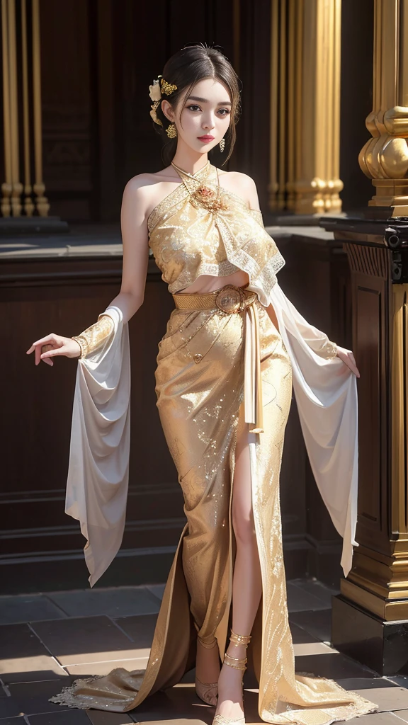 ((best quality,4k,highres,masterpiece:1.2)),((character concept art)), 1 man, age 25, Chinese Hong Kong, Hong Kong Elite, eldest sister, triad male leader, Known for her impeccable fashion sense and elegant demeanor, she is a true embodiment of the Versace brand. His body language is as captivating as his style, always exuding confidence and high fashion. (((he's wearing an exquisite Versace Barocco-print Shirt in Silk and Barocco-print leggings gold-tone/white/black, a true testament to the brand's luxurious aesthetic.))) Paired with Versace  Tribute Sandals, she carries her ensemble with an air of effortless sophistication. Her accessories include a pair of Versace Tribute Sunglasses, enhancing her overall look. ((intricate detail)), super finely detailed hands, ultra finely detailed fingers(((ten fingers))), (standing still with confidently), (full body showcase), (show full body), (no logos on background), (no logo), ((plain background)), ((plain background)), (((empty background))).hot man, hot male , hot man , very small spikey boyish haircut, hot man 