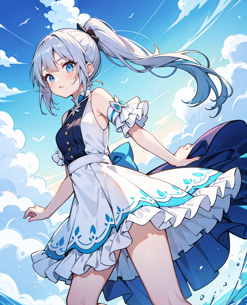<lora:gura_v1.1-000010:0.9:0.9:lbw=Character>,  gawr gura, 1girl, solo, best quality, masterpiece, highres, looking at viewer, white hair, blue eyes,  short hair, smile, (full body), hair ornament, detailed face, (unhelpless),tear,crying,(((fallingÂ fromÂ theÂ sky))),((WeatheringÂ WithÂ You)),(illustration),Â ((falling)), tear,((faceÂ towardsÂ theÂ sky))ï¼(hairÂ flowsÂ upwards)ï¼((illustration)),((disheveledÂ hair)),animeÂ screeshot,((frills)),(1Â girl),bigÂ topÂ sleeves,Â floating,beautifulÂ detailedÂ isky,beautifulÂ detailedÂ eyes,overexposure,,expressionless,sideÂ bluntÂ bangs,hairsÂ betweenÂ eyes,Â ribbons,bowties,buttons,bareÂ shoulders,(((smallÂ breast))),Â detailedÂ Â clothes,blankÂ stare