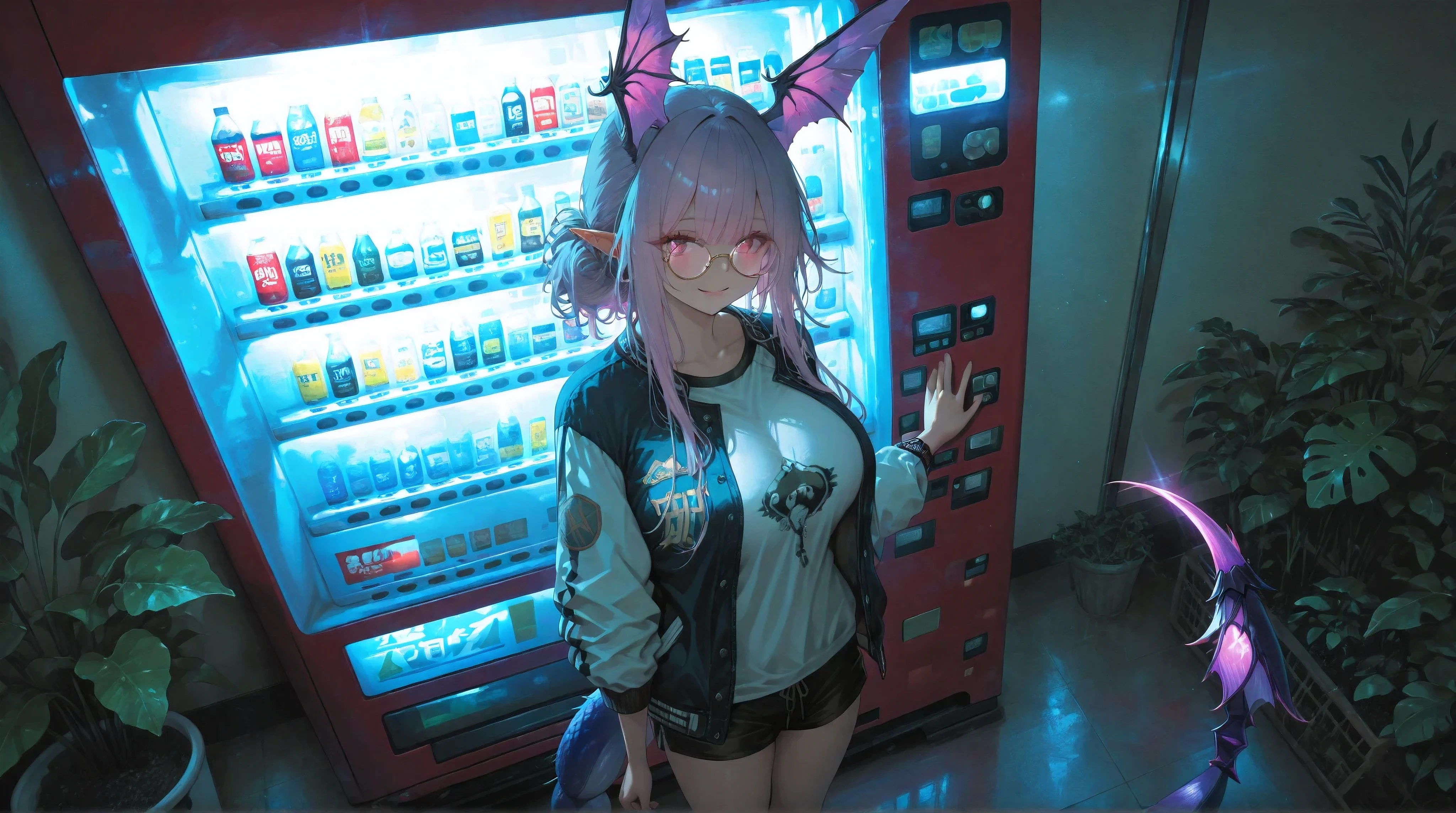 A Realistic image, extremely sharp focus, crisp details, high resolution, 4K, 8K. (correct anatomy and detailed hand). A wide angle shot, high angle, front view, a detailed, high quality rendering of MANTICORE from ARKNIGHTS. She wears beautiful, detailed round eyeglasses, she wears varsity jacket and shorts. She has a beautiful big breasts. She has a beautiful face details, a beautiful detailed eyes and a real human skin, her expression is happy and she looks at the viewer. She's standing in front of a vending machine at a convenience store, the room is decorated with so many plants, the room was dimly lit, dramatic cool soft light shines from the vending machine casting soft natural shadows, the only light comes from the vending machine, cold color pallete. the background has highest detail, detailed background and depth of field.