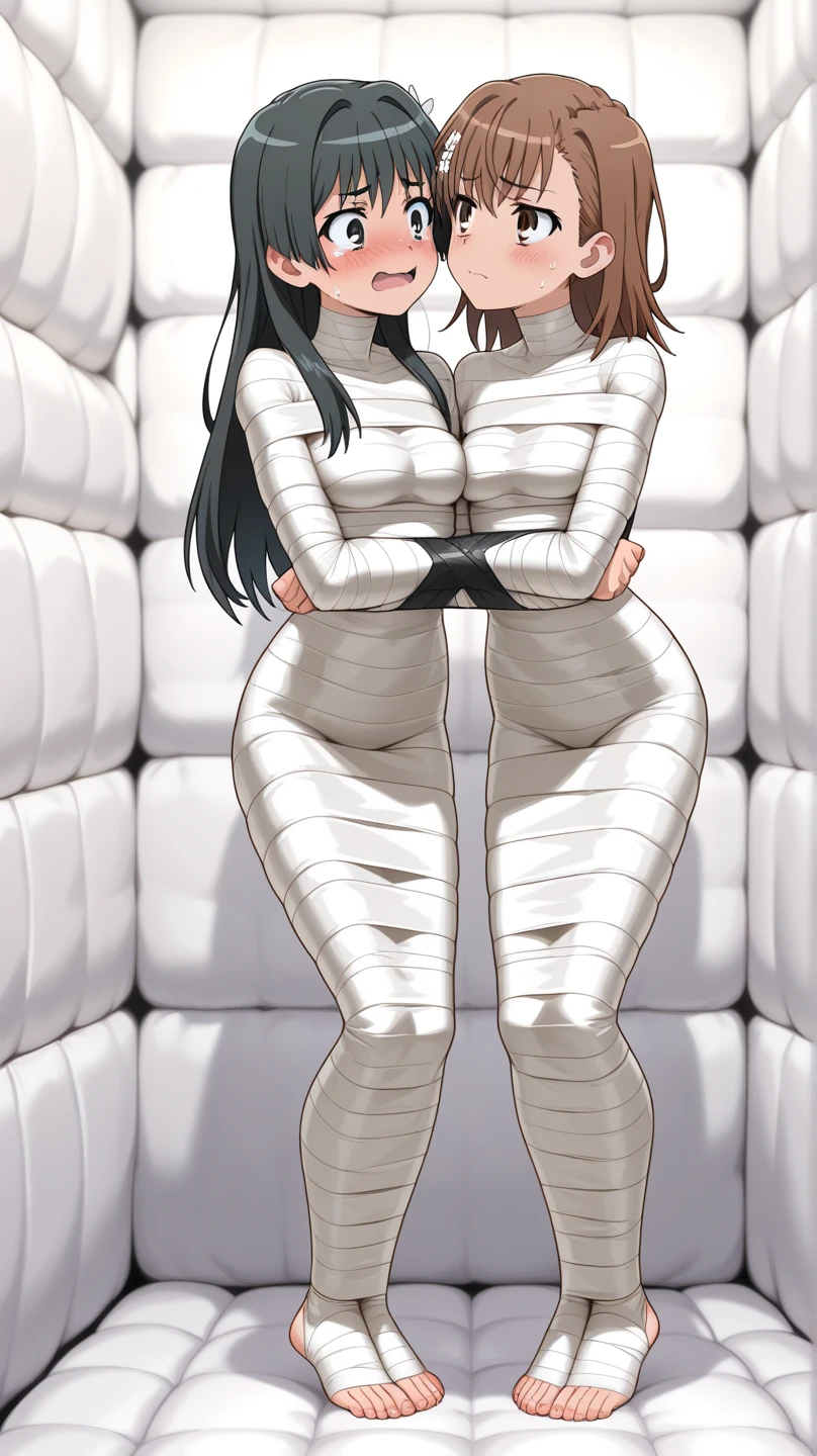 two Women,one with tan skin, one with paler skin, both have bangs covering eyes. one Chestnut brown long hair, one has long silver hairs. both have Volumptious body. Covered in bandages like a ?????. Revealing clothes, . one with Golden circlet, one with silver circlet. Giggling. Evil smile, egyptian style clothing, egyptian style hairstyle, thin waist, large ??????, alluring body, kneeled, mouth veil, pushing  against each others, grasping each other hands, large ??????