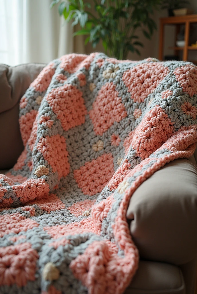 Patchwork crochet rug with colors: Acquamarine e Peach