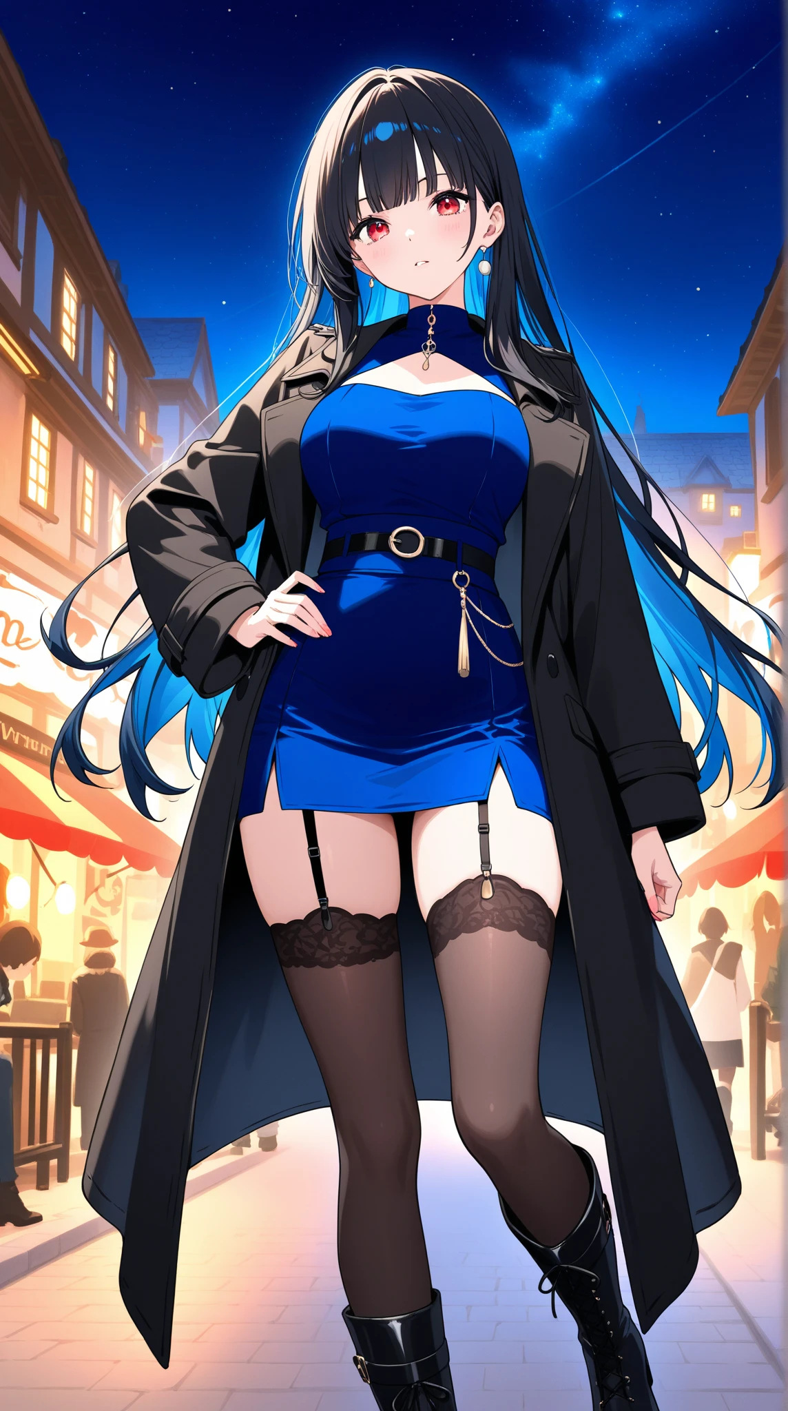 1 girl, dark blue hair, messy hair, long hair, light yellow eyes, small eyes, mature face, dropping eyes, big breasts, cameltoe, blurry background, erect nipples, blush, smile, earrings, ((pubic hair)), skirt lift, light smile, black high heel, tall statue, night, see-through, no panties, light makeup, full body, very short pleated miniskirt, pencil skirt, police uniform, garter belt, skyscrapers, taxi, police officer cap, fishnet tights, gloves, ((pussy juice)), city lights, bokeh
