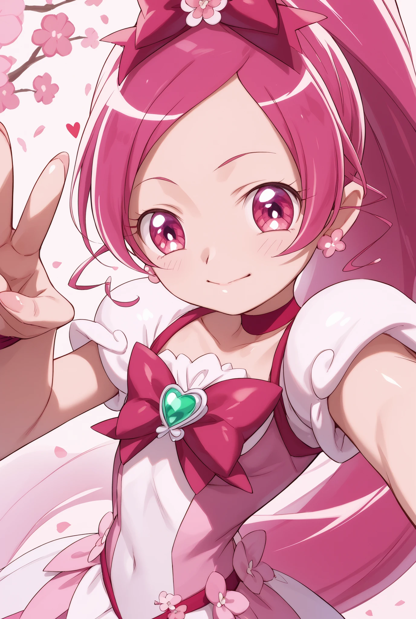 Heart Catch Pretty Cure、cute、cure blossom、Cherry blossom dancing background 、 Slim、Small breasts、Shiny on the skin、fun、cuteポーズ、selfie、