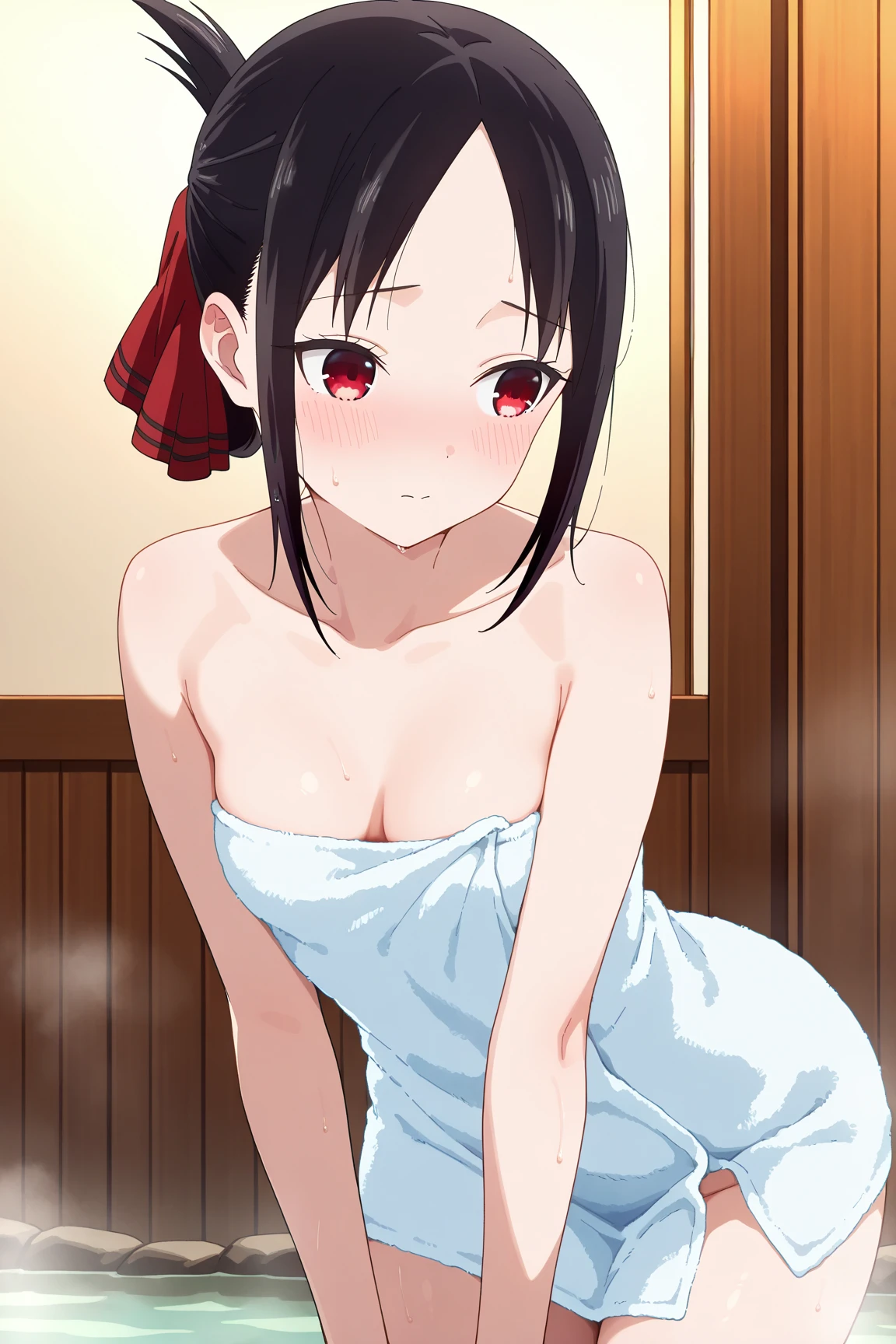 masterpiece,best quality,Tomomi_Xijing,red eyes,black hair,Short hair,Hair Ribbon,(midium build),NSFW,1girl,((sitting on the couch,reclining)),((Portrait)),(pussy focus/close up),from below,short torso,Perfect Lighting,[perfect anatomy],,((nude)),[blue striped panties,],((topless,nipple)),cameltoe,relaxing,(oily skin),happy,smile,fun,blush,spread legs,   break background living room,couch
