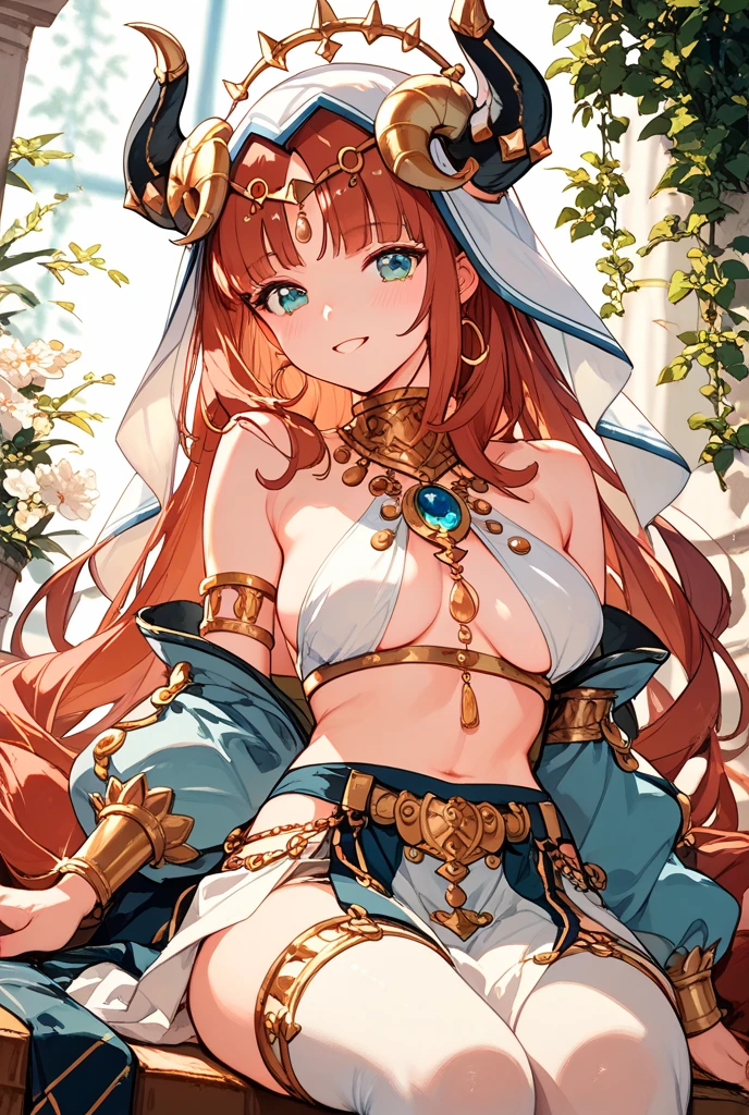 (masterpiece), best quality, expressive eyes, perfect face,Mature female,1 girl (nilou,Genshin impact),(harem outfit,exposed midriff,topless),royal bedroom background,medium breasts,smile,topless,nipple,slim figure,