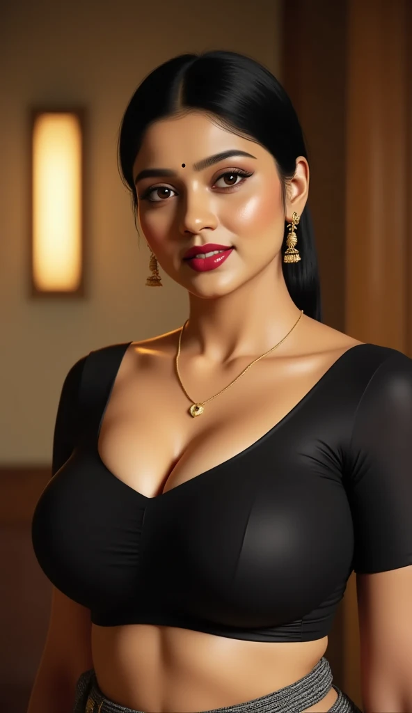 A captivating photo-realistic depiction of a sexy and mature Indian woman, radiating allure as she cuddles her partner in the dimly lit ambiance of an ancient palace at night. Her sultry curves are accentuated by the clingy black saree that hugs her body, revealing a tantalizing glimpse of her cleavage and navel. Her eyes, sparkling with desire and sensuality, gaze intently into the night, as the rich textures of her flawless features gleam in the darkness. With her perfect face, seductive pout, and luscious locks cascading down her shoulders, she embodies the essence of desire and passion, inviting
