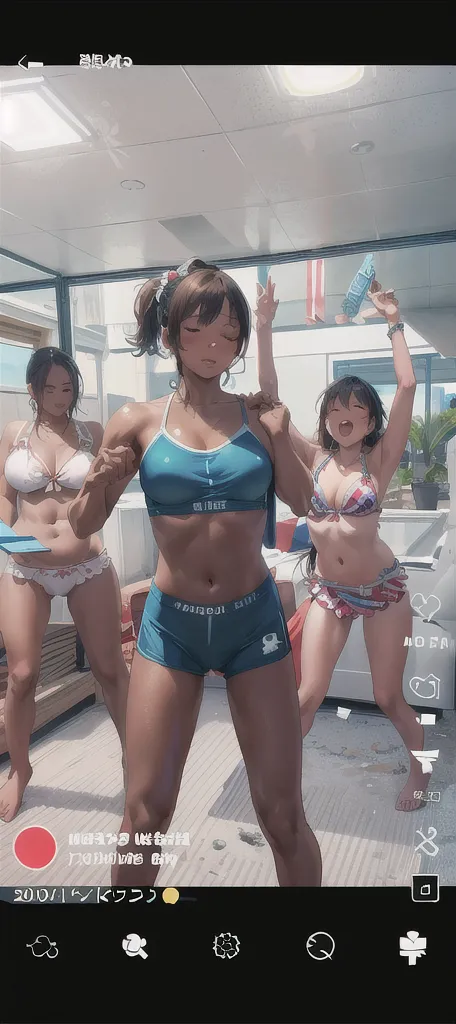 NSFW, (4+girls:1.5), (alternate athlete swimsuit pool), tanned skin, dark tanned skin, oil, (muscular:0.7), thin waist, (abs:1.3), tan lines, dynamic poses, sexy interactions, girls playing beach volley, ball of beach volley, net, masterpiece, top quality, ultra high definition, highest resolution, very detailed, perfect face, professional lighting, clean skin, CG illustration, slender, very cute, young face, underboob, cleavage, lower breast, wet body, (breasts out:1.4), different hair colors, short hair, pixie haircut, semi-long hair, different hair cuts, hair ribbon, blush, navel, from below, wet body, (breasts out: 1.4), (plastic bag 1.2), transparent swimsuit, beach, sand, water, (wind: 1.3), girls playing behind, showing ass, black necklace choker