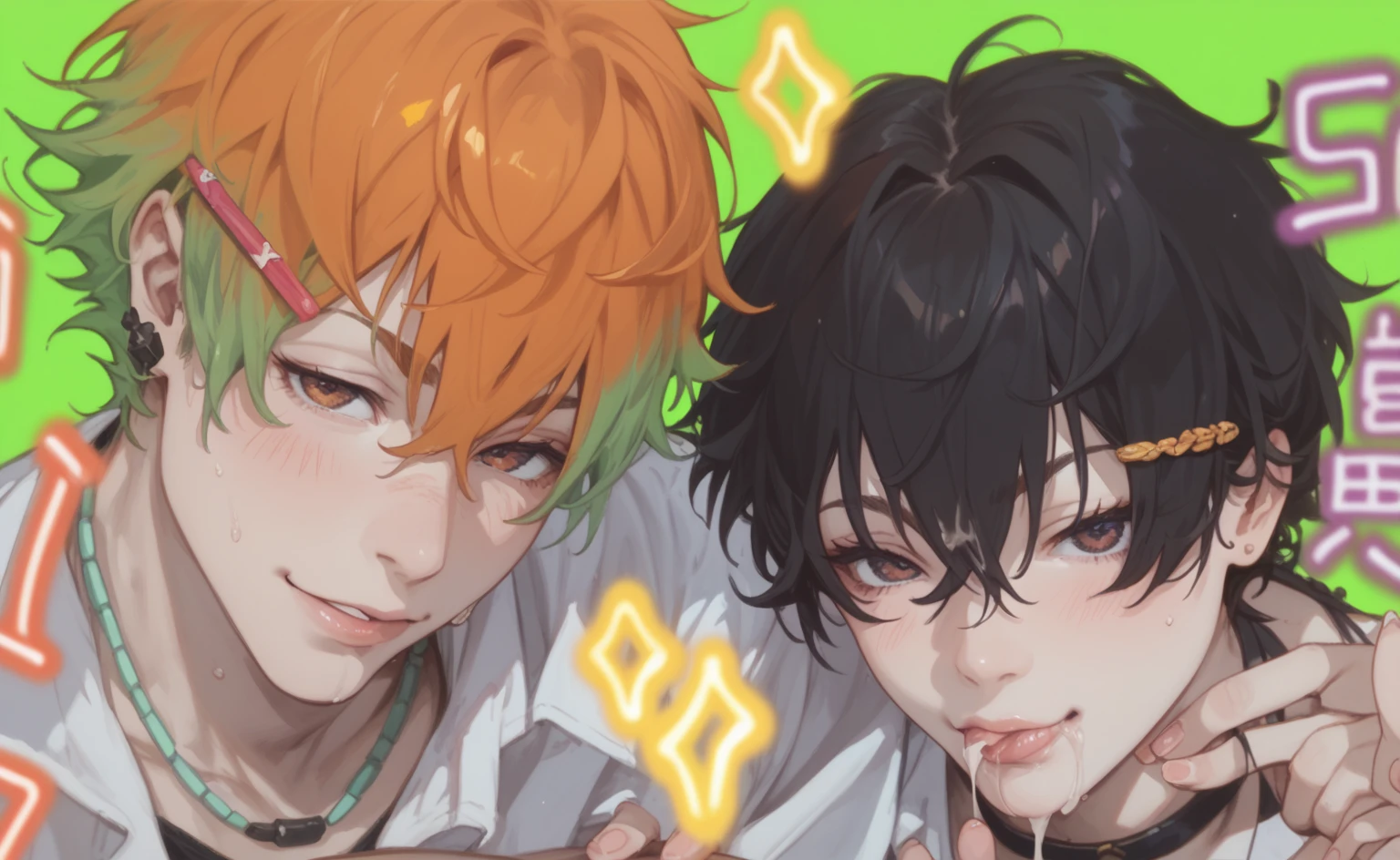masterpiece, best quality, extremely detailed, anime , upper body, ((2boys)), BL, male focus, ikemen:1.5, looking at each other, holding ice candy, T-shirt, short sleeves, room, sitting on sofa,full body, malleus draconia (twisted wonderland) horns, bishounen, boy, male, yana Toboso style, long hair, black hair, yellow green eyes, smile, gray lips, handsome, skinny, tall, yellow green glow,AddXL