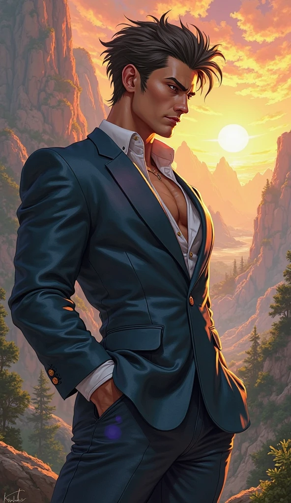 A handsome man with perfect face, slim, wearing a long black suit without a shirt, in a cloudy sunset sky, hiding sun 