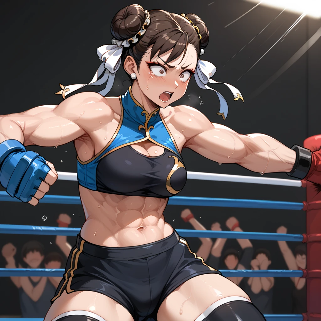 masterpiece, ultra quality, Beautiful detailed, extremely detailed,16K, exquisite, absurdity, highres, Beautiful background, Beautiful eye, Beautiful skin, anime style, 1woman,solo, (from below:1.2, from below:1.2), (upper body focus:1.1), Cheddar Team, mitten 1.1, deltoids:1.1, forearm muscles:1.1, abs:1.1, oblique muscle:1.1, latissimus dorsi:1.1, Hamstring:1.1, muscle, clavicle, orange eyes, gray hair, trimmed bangs,:1.1 Ponytail, fluttering hair, wild hair, anger, attack pose:1.2, pulsating feeling, sense of speed, boxing gloves, play sports often, Huge breasts that hang heavy:1.5, bouncy breasts:1.3, cleavage, Sweat, Wet, ボクシングのringの背景, indoor, ring, light up