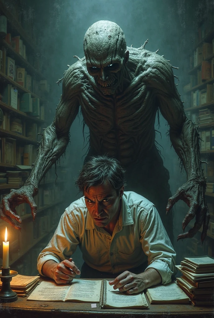 A lone zombie wanders through a deserted library, their ragged fingers trailing across dusty shelves. Moonlight streams through shattered windows, illuminating forgotten tales and whispers of a world long gone.