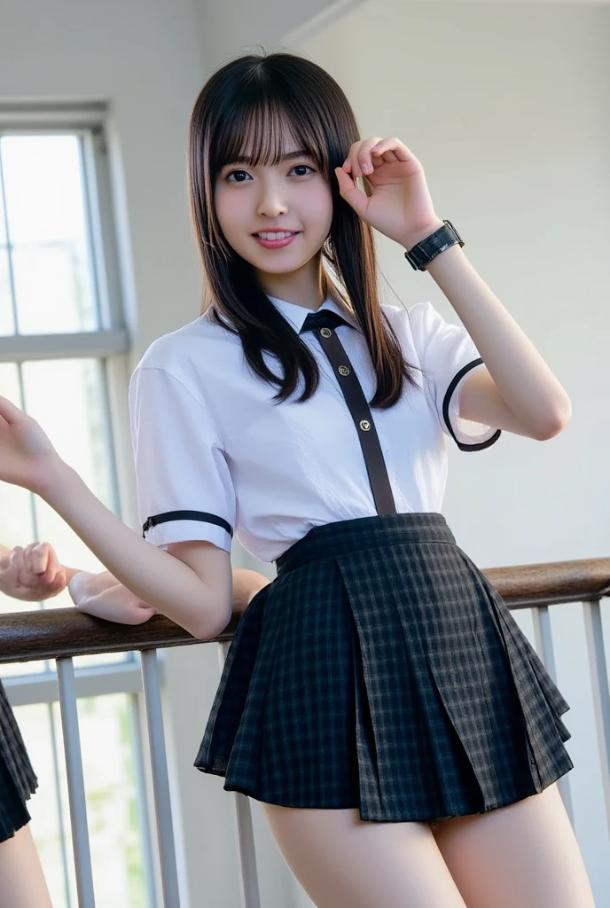 (masterpiece), (Highest quality), (High resolution),Realistic skin texture, Perfect Face, Realistic, Perfect hands, Perfect finger count, Japanese, Girl, (13 years old), Big Eyes, Brown eyes, Brown Hair, bangs, Twin tails, Hair Ribbon, Small face, smile, , ((Short camisole, Mini Pleated Skirt)), Cute standing pose, classroom, Scattered garbage