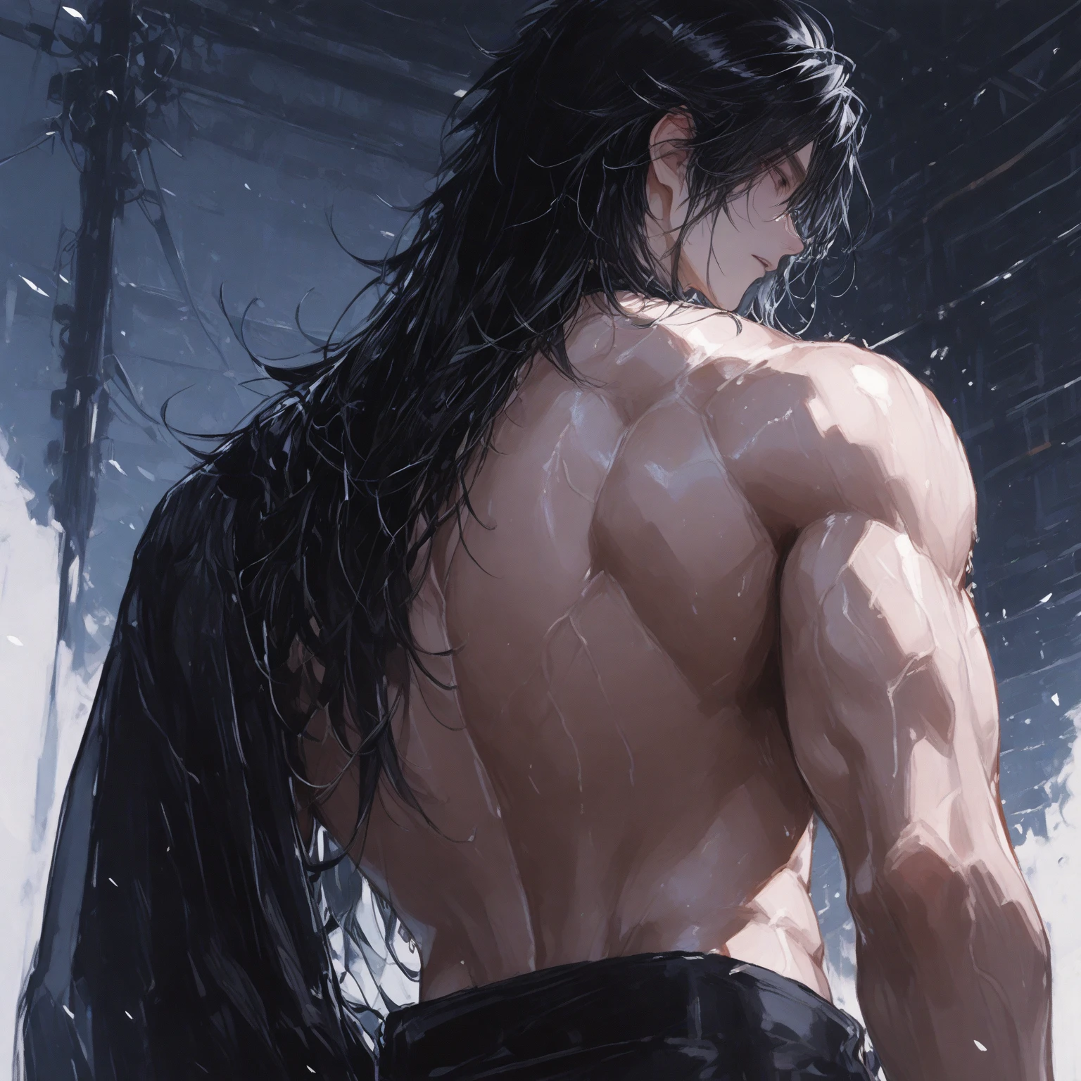 (Beautiful muscular, long-faced man, with abs and pecs, thick arms and legs, long black hair, holding a float on the beach, 8K, very high quality, detailed animated illustration),