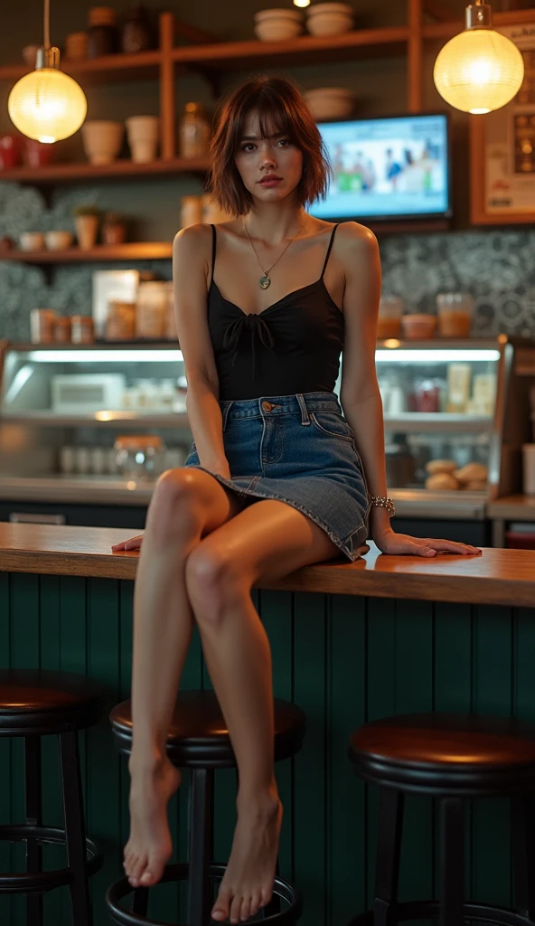 1 girl, messy short hair, heeled sandals,turtleneck crop top, small breasts, sitting on a bar chair