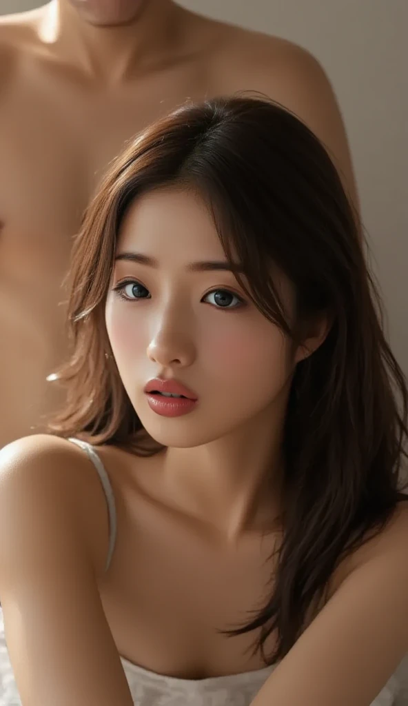 Close up portrait of woman lying on bed in white silk bra, Japan model, young sensual gravure idol, young cute gravure idol, realistic young gravure idol, realistic sensual gravure idol, young gravure idol, sophisticated gravure idol, young skinny gravure idol, beautiful asian girl, full body, lying figure, sleeping, kissing face, Big, closed eyelids, sensual expression, half-open mouth, flushed skin, heavy breathing, sweaty, underwear that looks like it's going to take off