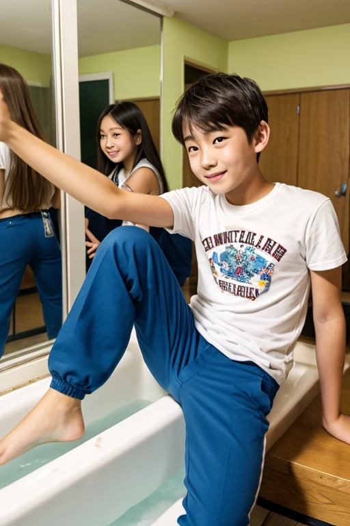 Japan males 2、Both are 13 years old、Muscles and smooth skin、Very short black hair、Relaxed and friendly smile、Metallic blue thin boxer briefs、the whole body looks good、