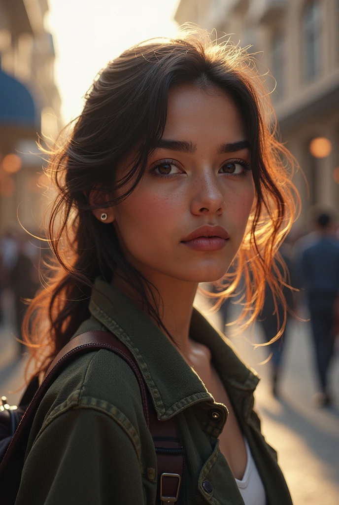 1girl, bellissima, brunette hair, brown eyes, blurry, blurry background, breasts, brown hair, dark skin, from side, lips, long hair, looking at viewer, mole on cheek, necklace, realistic, scarf, short hair, solo, upper body, masterpiece, best quality, unreal_engine 32k
